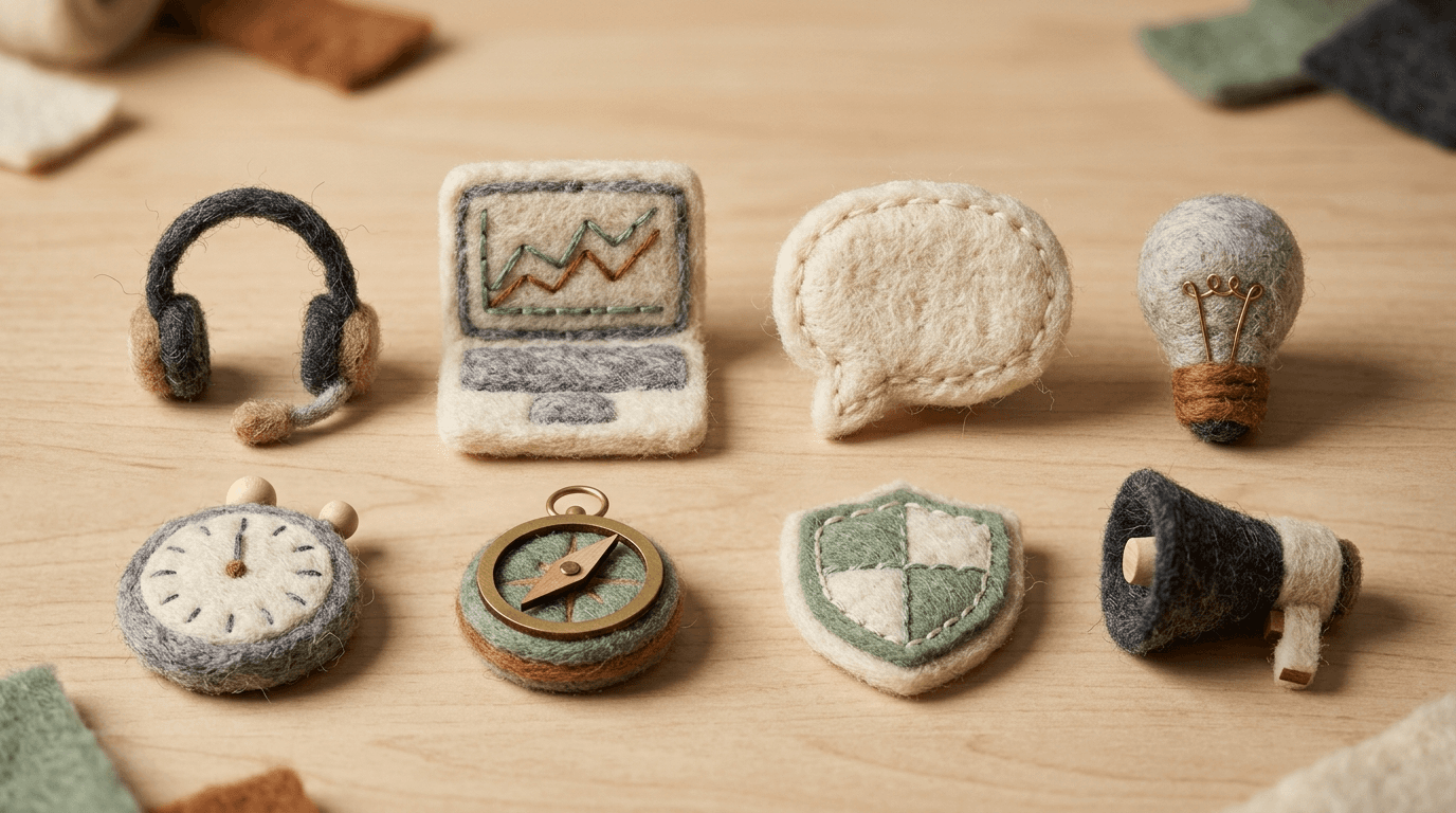 Eight needle-felt objects for real-time sales tools: headset, laptop with a stitched chart, speech bubble, lightbulb, stopwatch, compass, shield, and megaphone