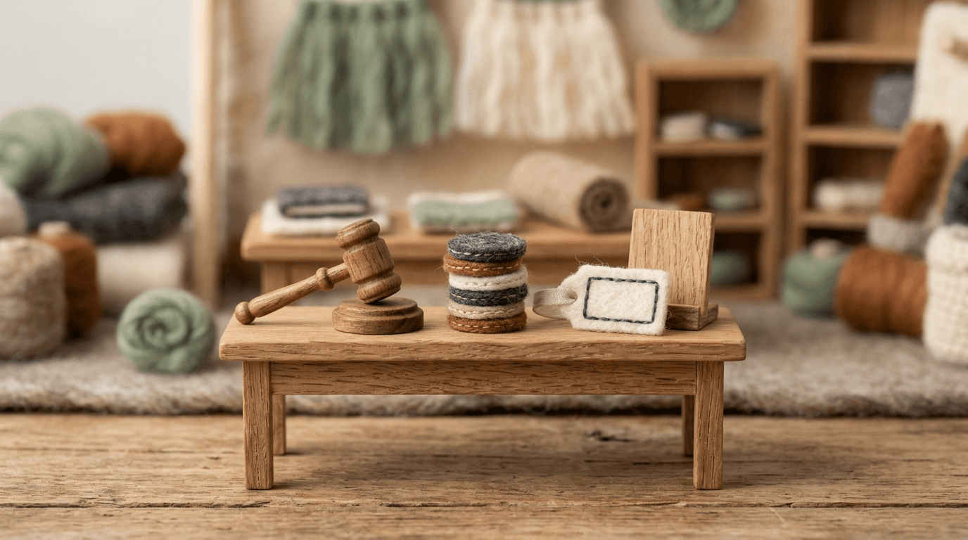 A needle-felt price tag beside stacked felt coins, the real cost of Gong laid out on a tiny desk