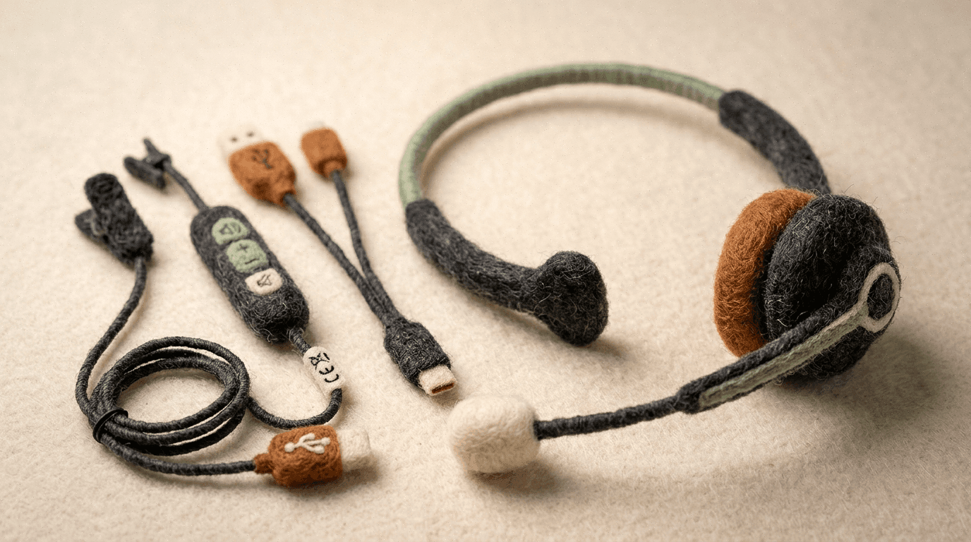 A needle-felt headset with microphone and earbuds for real-time sales coaching during live calls