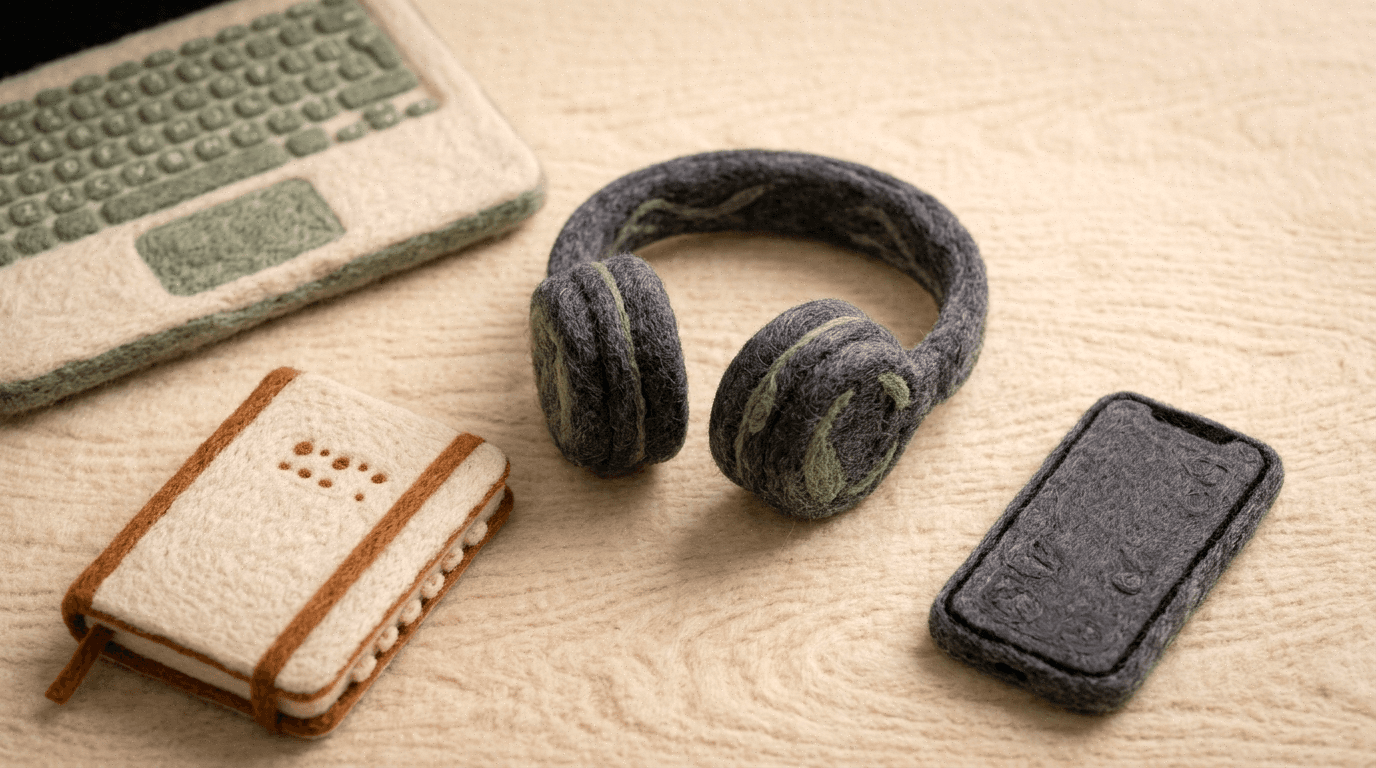 A needle-felt laptop, headphones and phone on a desk with no meeting bot, bot-free meeting capture