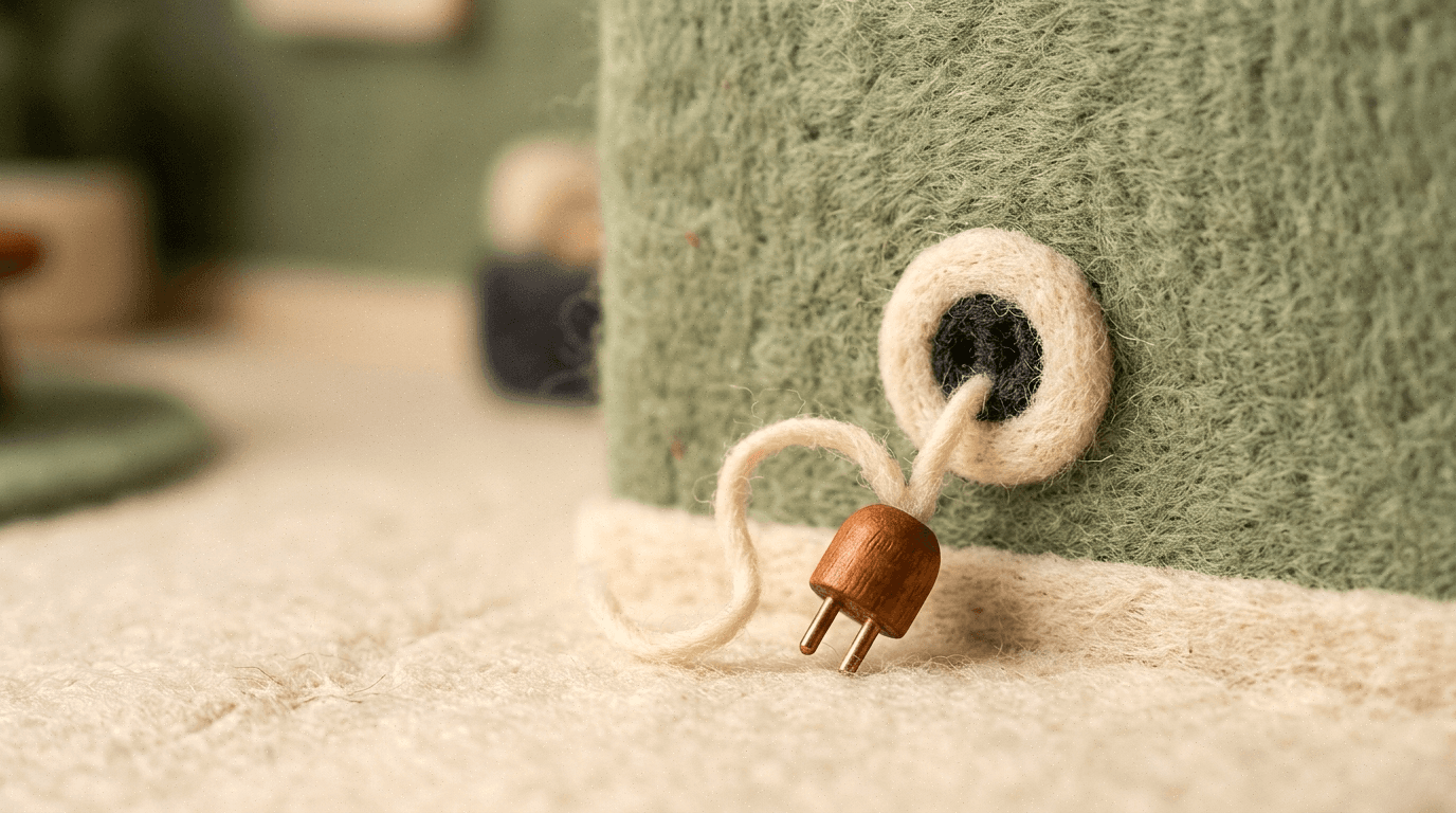 A needle-felt wall socket with the wooden plug pulled out and the cord hanging loose.