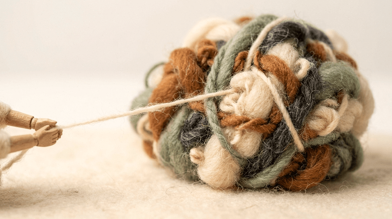 A small wooden hand gently pulling one loose thread from a tangled ball of wool.