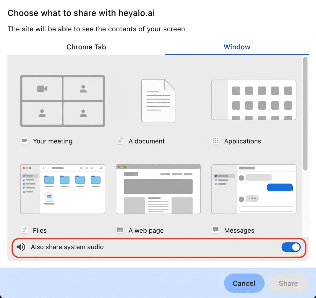 Chrome's screen-share window with the 'Also share system audio' toggle switched on and highlighted at the bottom.