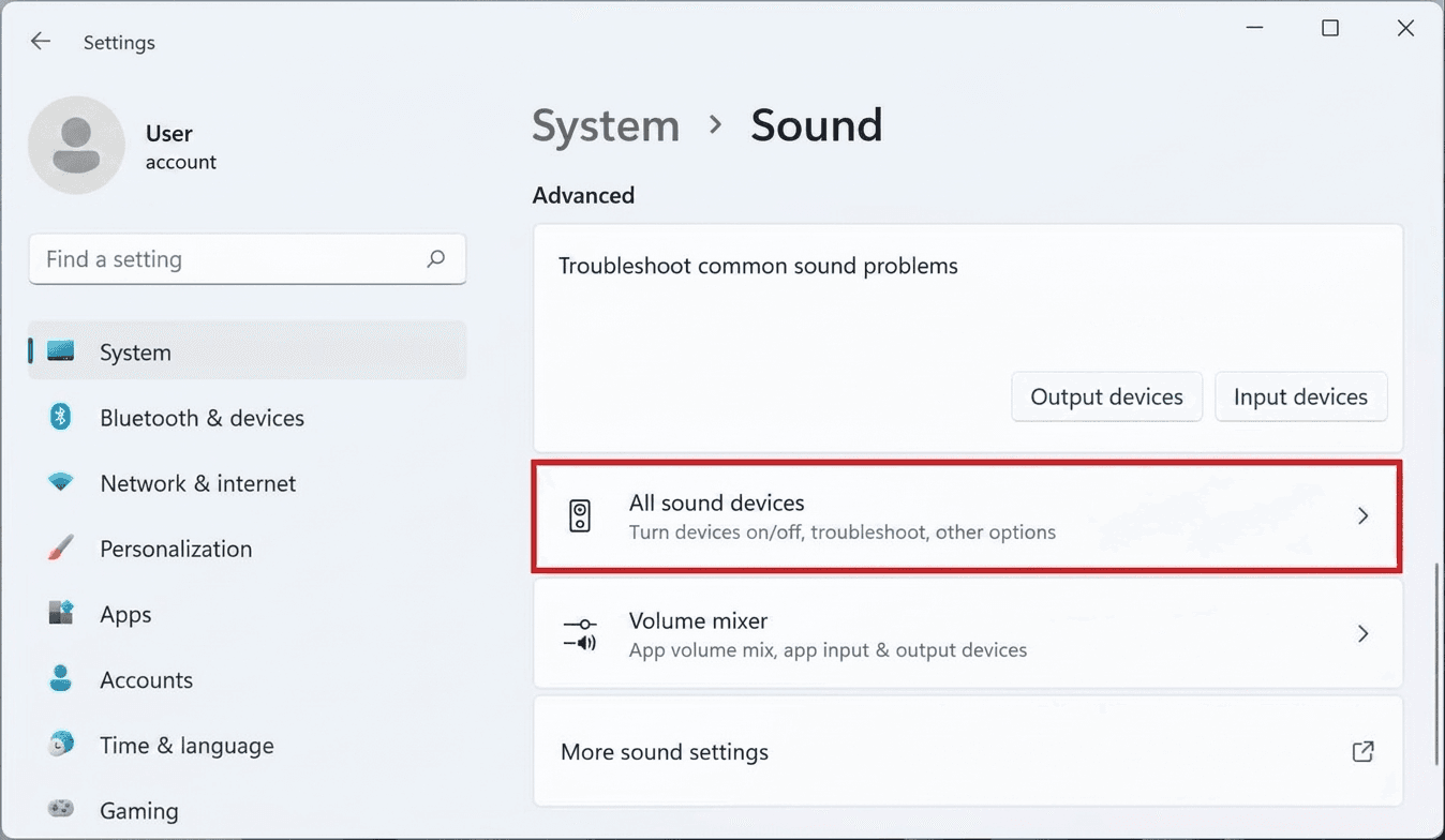 Windows 11 Sound settings with 'All sound devices' highlighted.