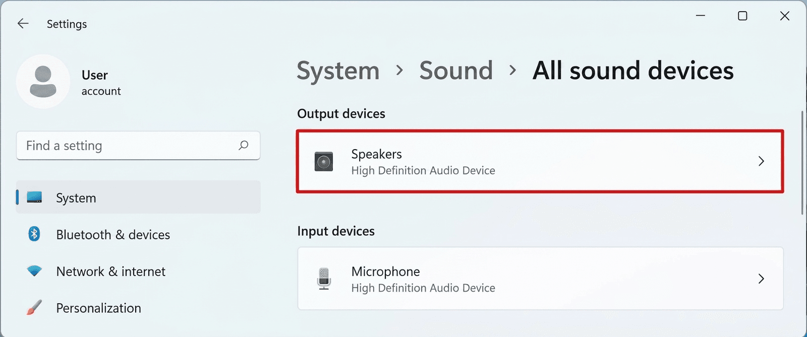 Windows 11 All sound devices list with the Speakers output highlighted.