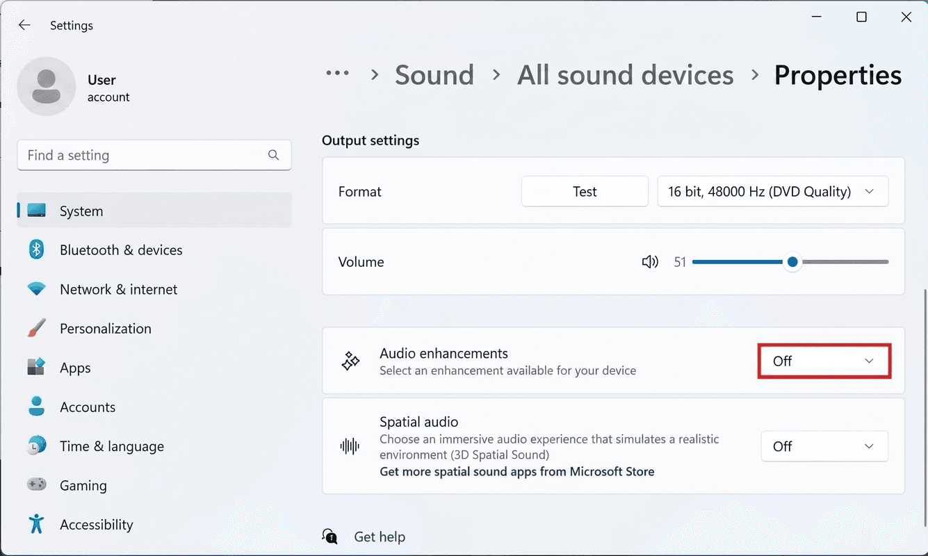 Windows 11 Speaker properties with Audio enhancements set to Off.
