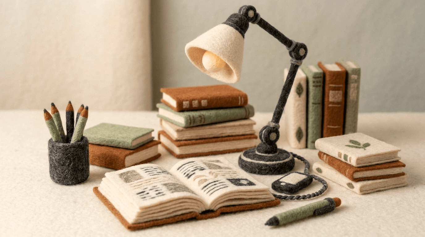 Lit needle-felt desk lamp over an open book and stacked notebooks, illustrating AI coaching during sales calls
