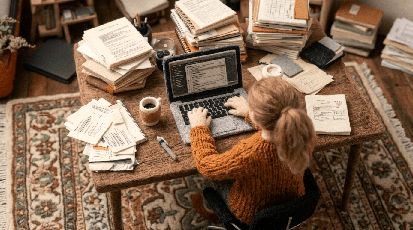 A person typing on a laptop at a desk buried in papers, the manual scramble that AI meeting prep replaces