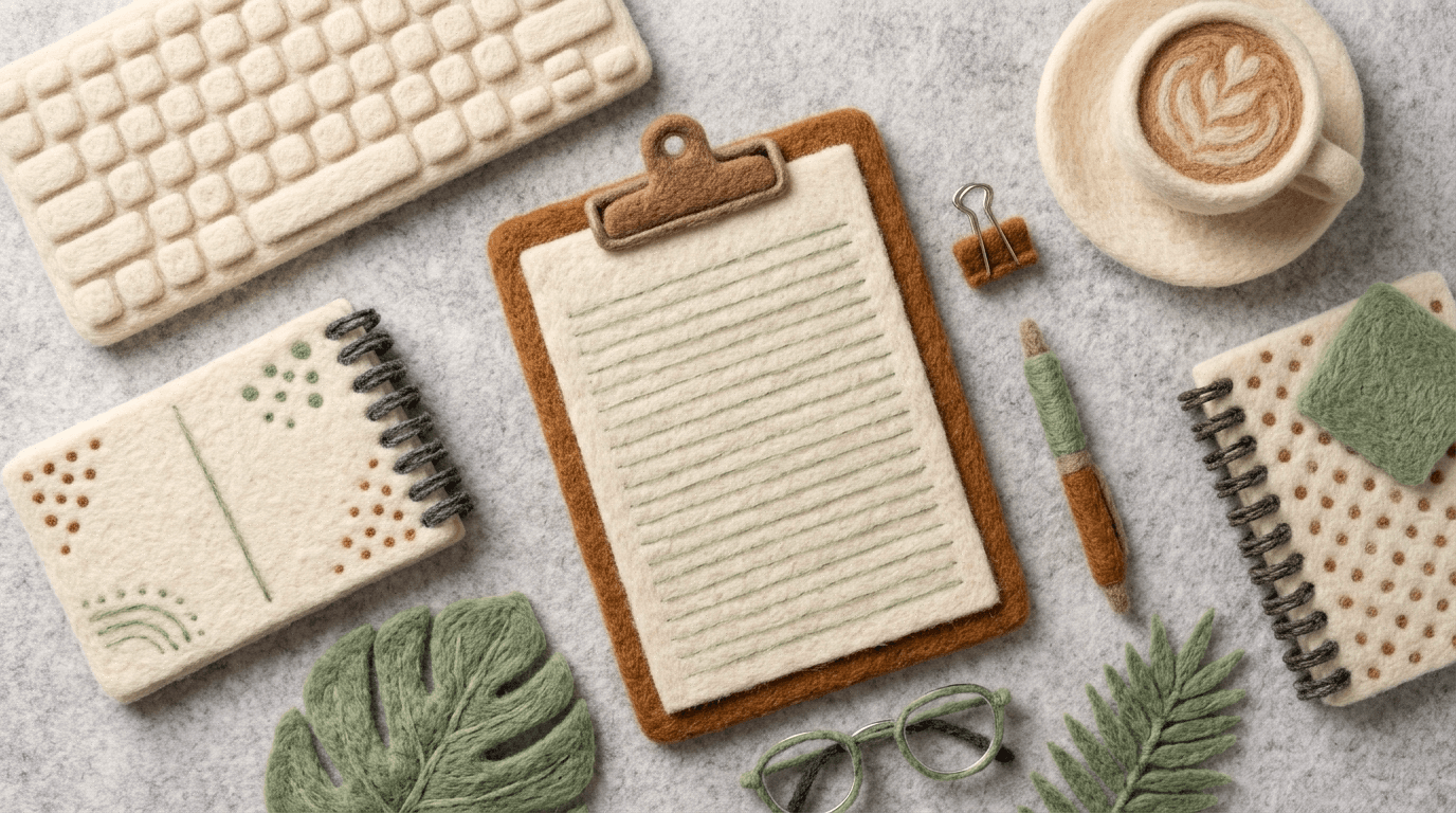 Overhead needle-felt flatlay of a clipboard, keyboard, notebook and coffee, an AI pre-meeting prep brief