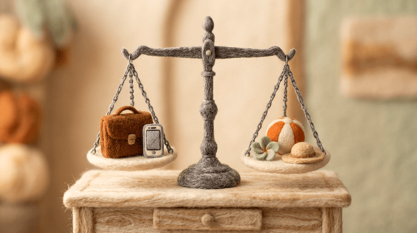 Needle-felt balance scale weighing a briefcase against coins, comparing Gong alternatives on price and value