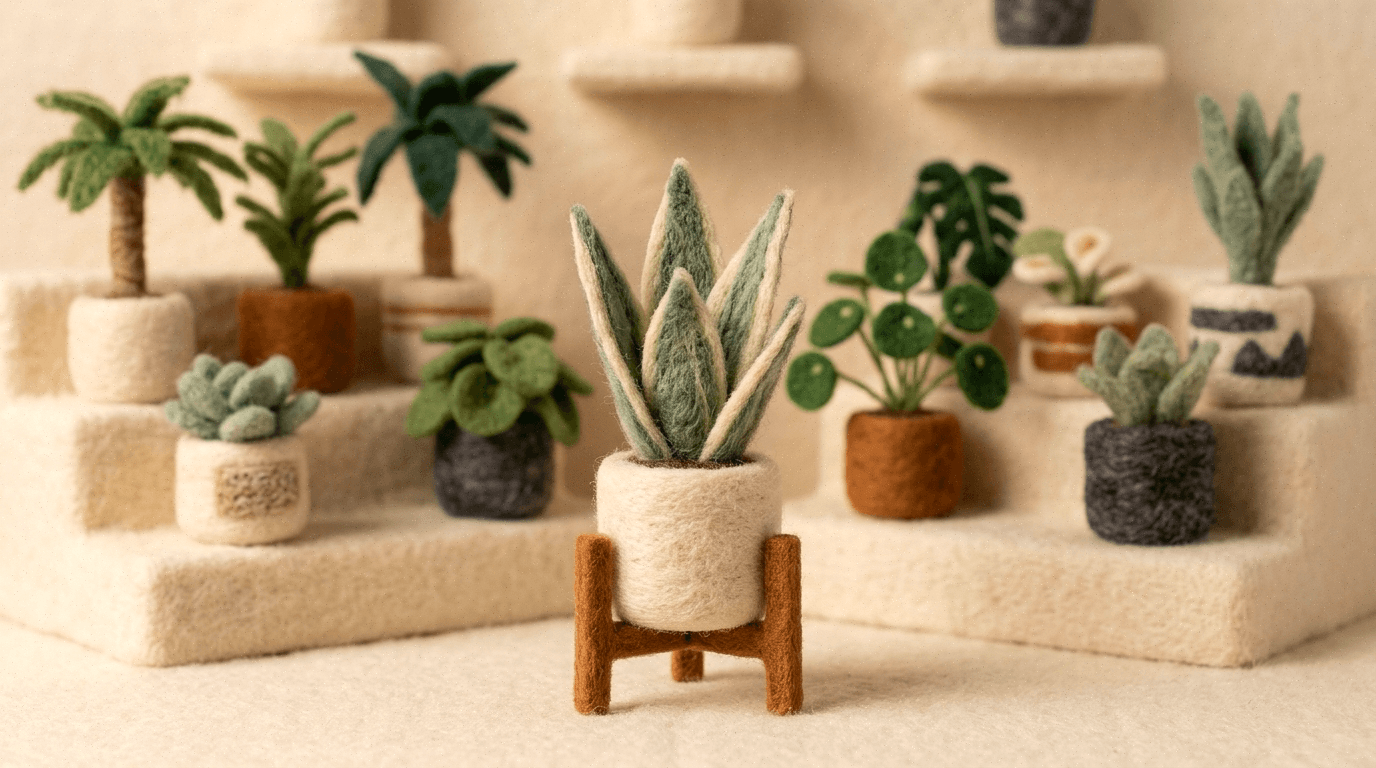 Needle-felt potted plants of varying sizes on shelves, conversation intelligence priced for small teams