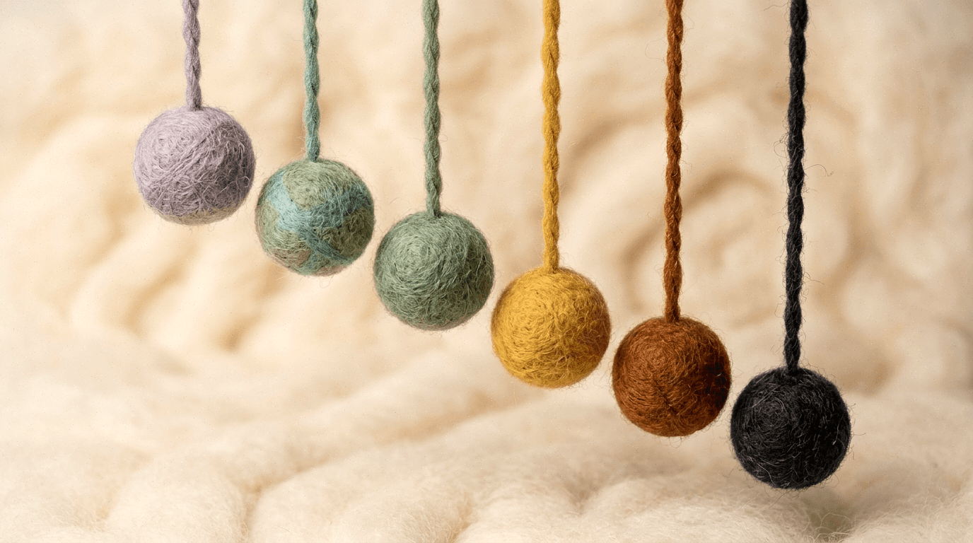 A row of connected needle-felt spheres in graduated colors, context compounding across calls as cross-meeting intelligence