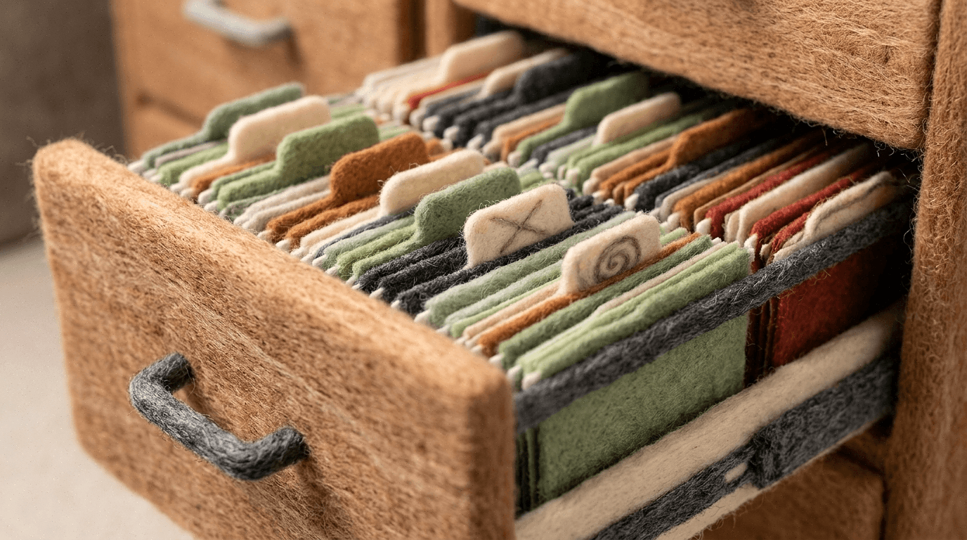 An open needle-felt filing drawer of color-coded folders, how meeting memory AI recalls past conversations